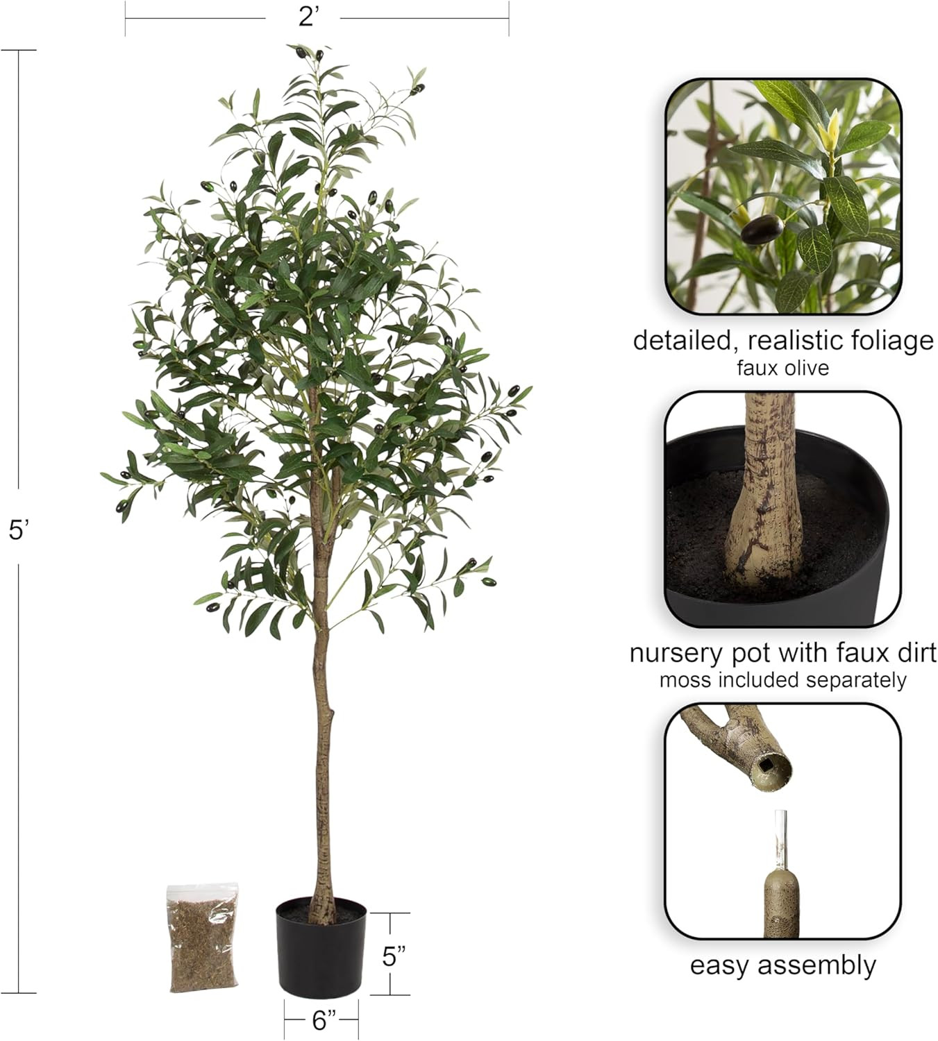 5FT Modern Faux Olive Tree – Realistic Indoor Potted Plant for Home Decor