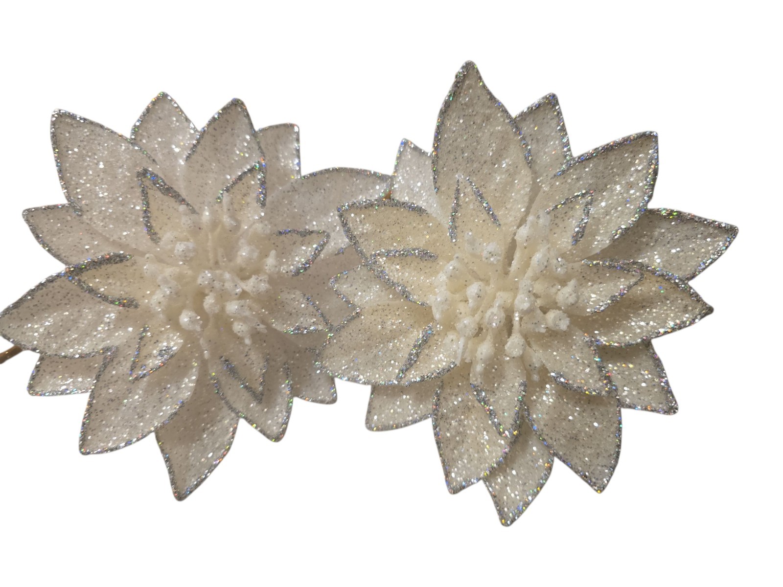 Christmas Flowers~6″ Beautiful White Sparkly Glitter Floral Decor (2 Pc)