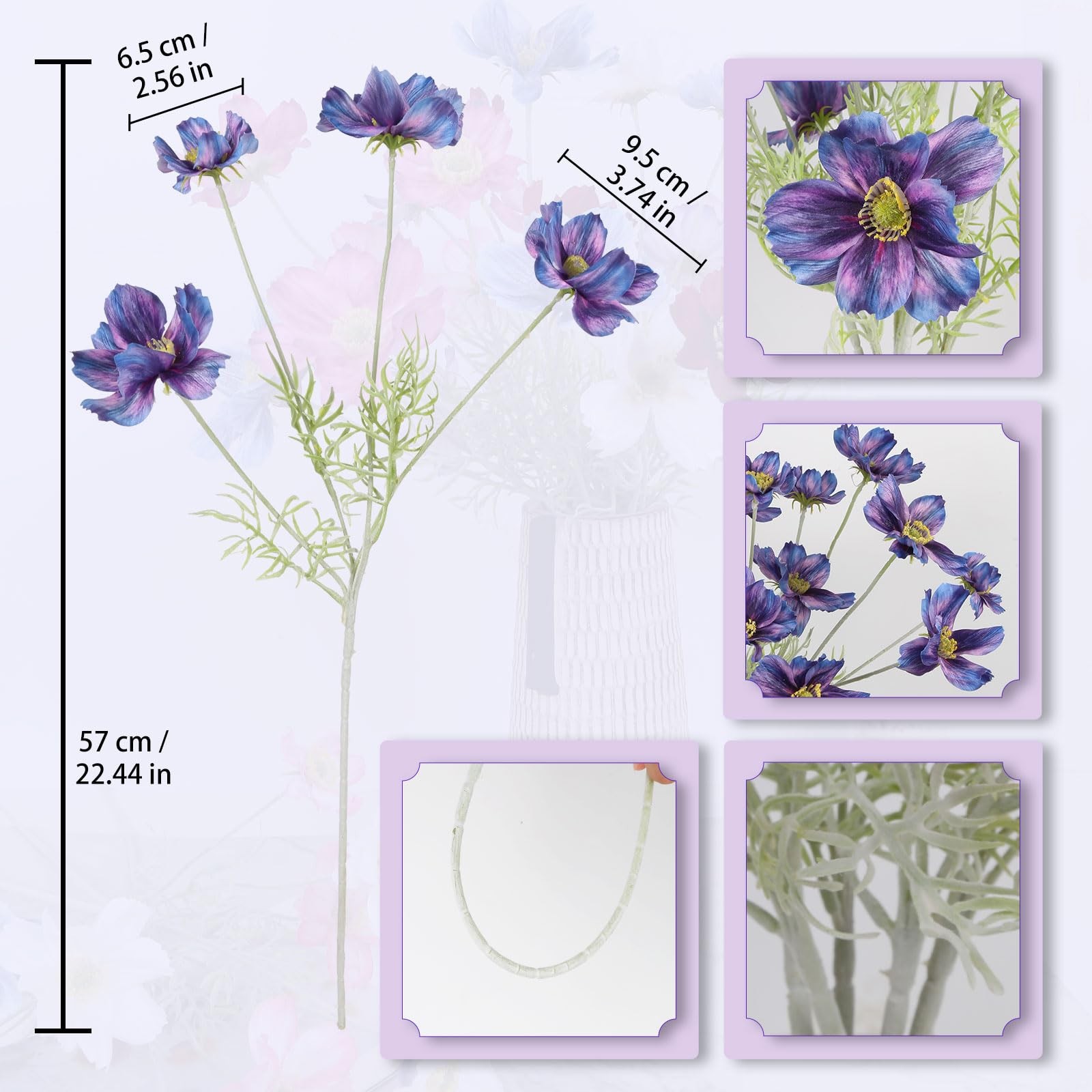 5 Pcs Dark Blue Cosmos Artificial Flowers 22” 3D Printed Faux Cosmos Flower S…