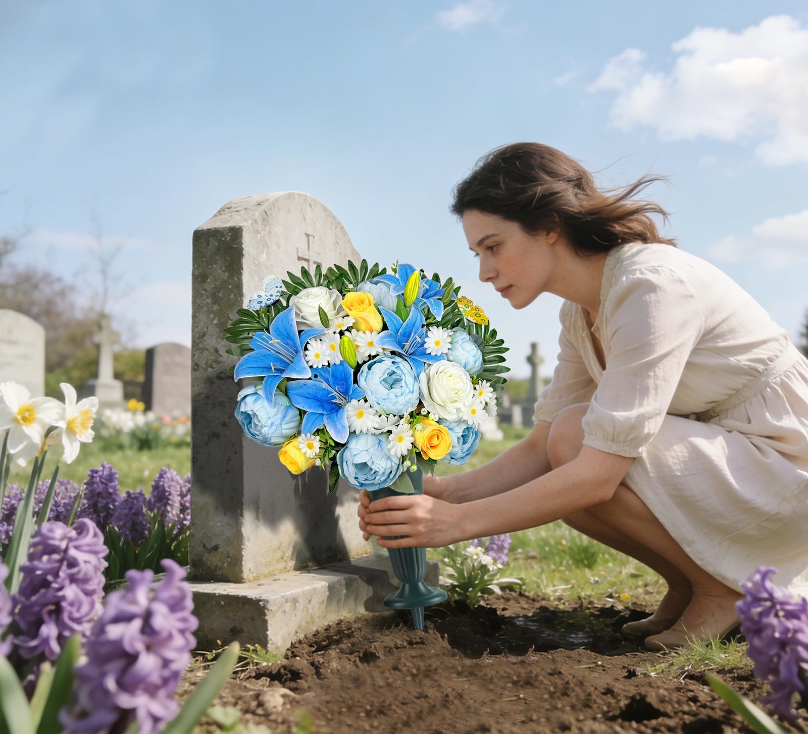Artificial Cemetery Flowers for Grave Decorations Gravesite Flowers of Blue P…