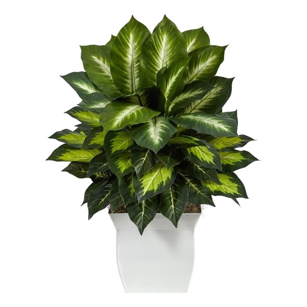 Nearly Natural 2ft Golden Dieffenbachia Artificial Plant in White Metal Planter