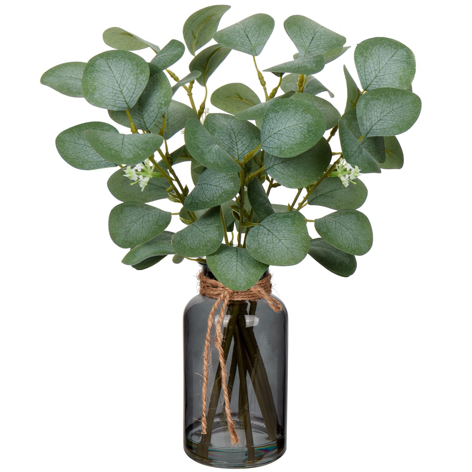 Artificial Eucalyptus Stems in Black Glass Vase with Faux Water, 14″ Fake Pla…
