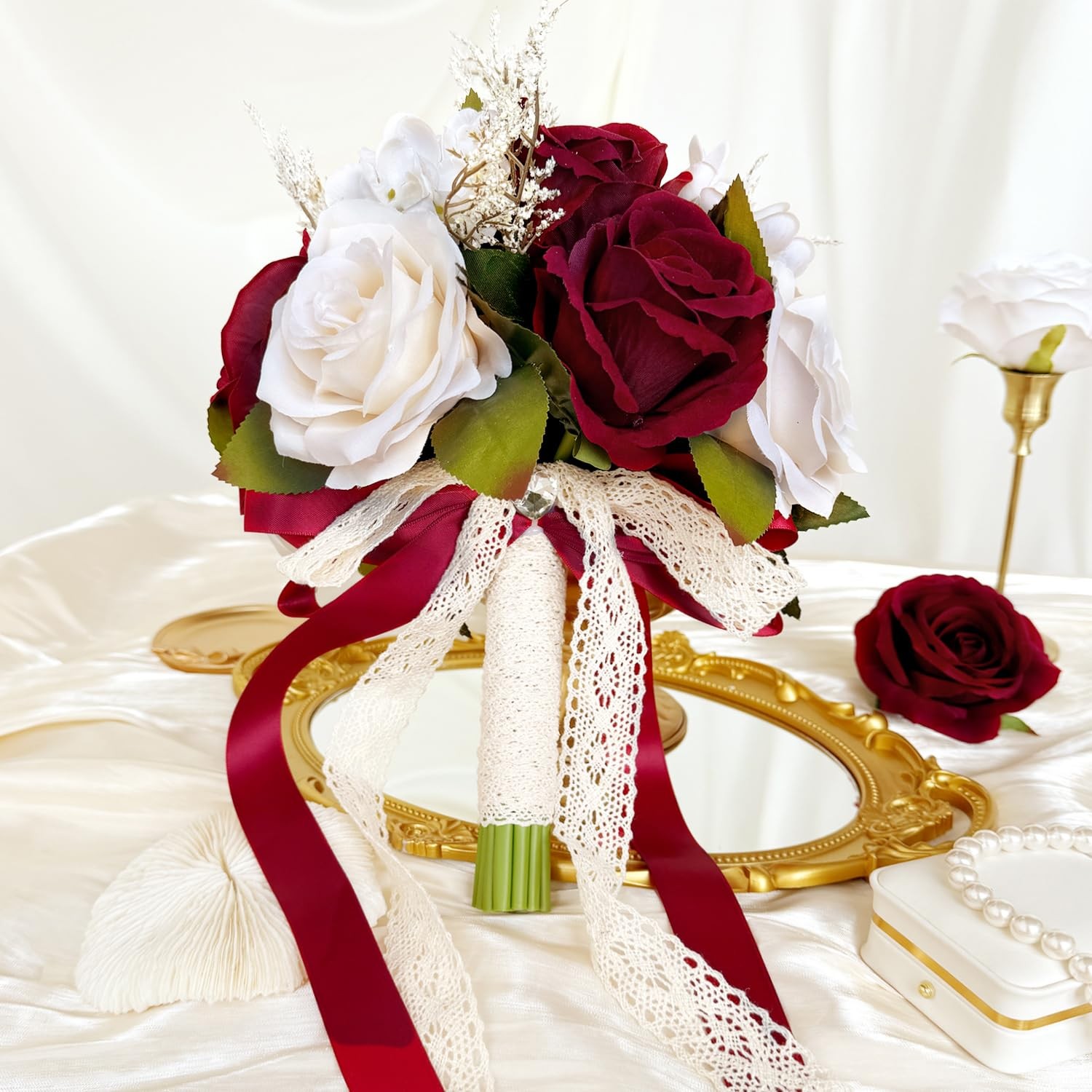 9 Inch Burgundy Wedding Bouquets for Bride Bridesmaid, Dark Red White Champag…