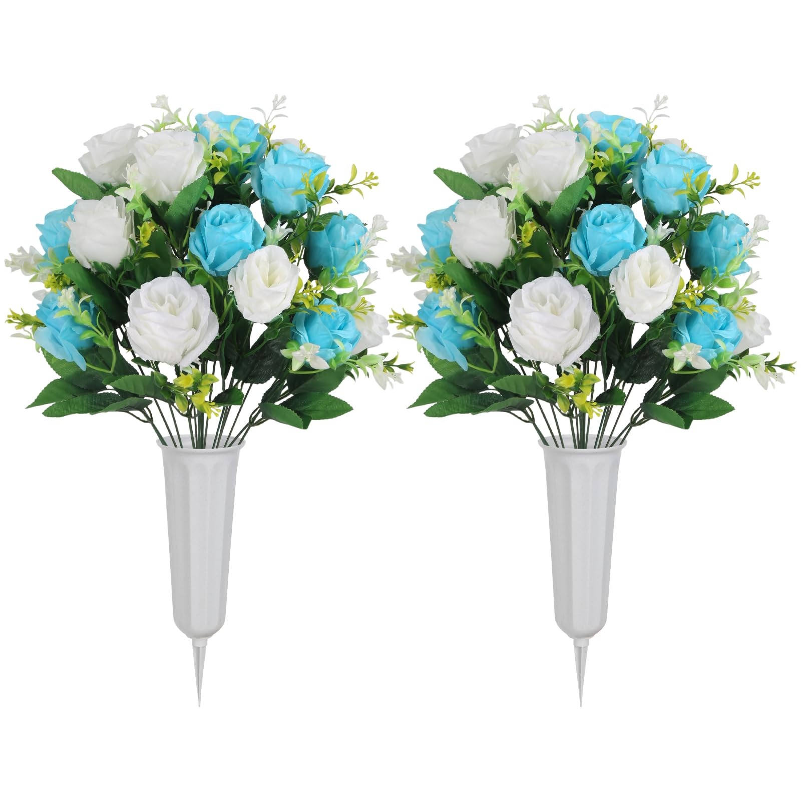 Cemetery Flowers with Vase 2 Pack Artificial Flowers for Cemetery, Silk Roses…