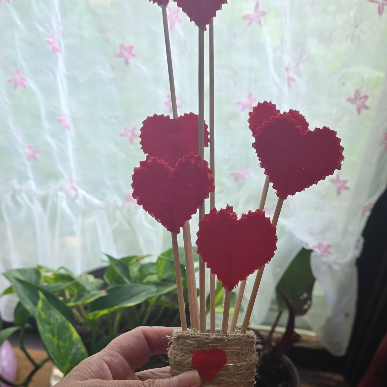 Artificial Red Heart Floral Arrangement Centerpiece Glass Bottle Jar Twine Wrap