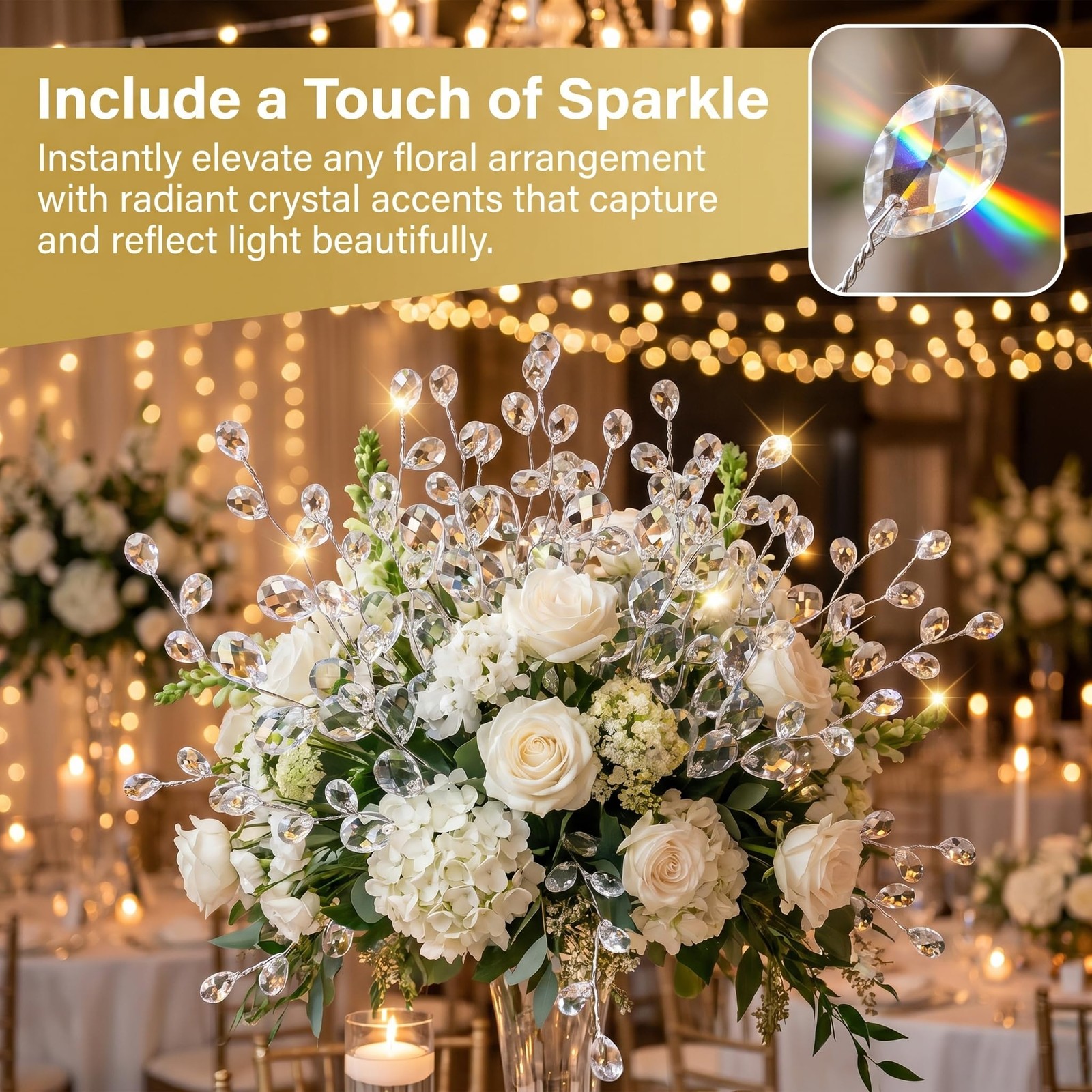 50 PCS Crystal Floral Picks Branches Acrylic Bead Drop Bouquet 6.69″