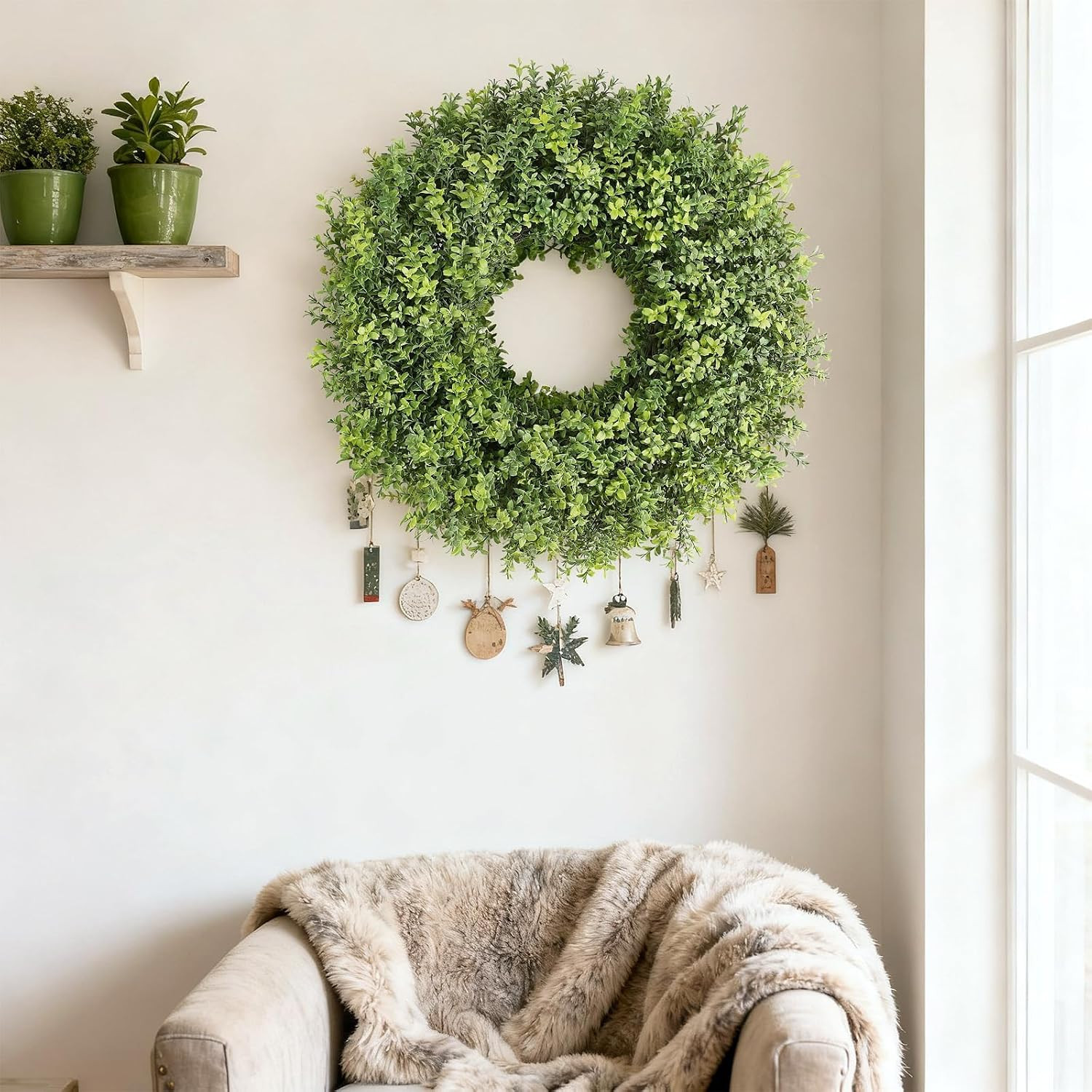 26″ Artificial Boxwood Wreath for Front Door – Faux Small Leaf Boxwood Plant, Sp