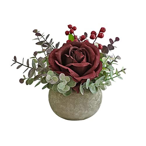 Artificial Flowers Kit with Pot, Combination of Fake Silk Red Roses Burgundy
