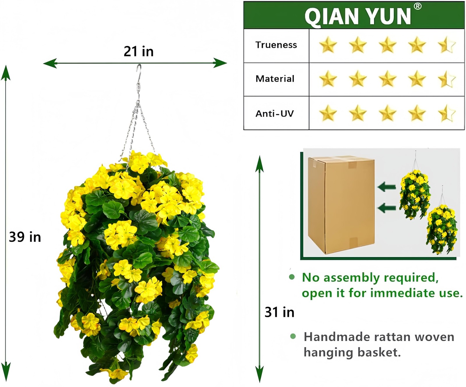 QIANYUN Fake Hanging Plants with Yellow Geranium Flowers-31in Fake Hanging Pl…