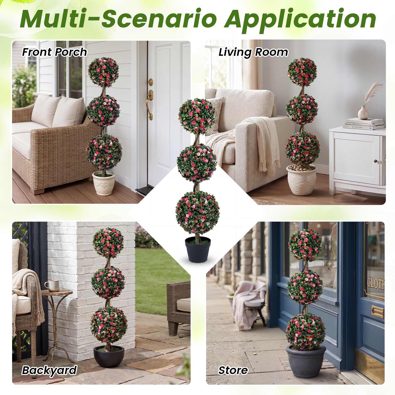 2PCS Artificial Triple Ball Rose Topiary Tree w/Lifelike Blooms & Green Leaves