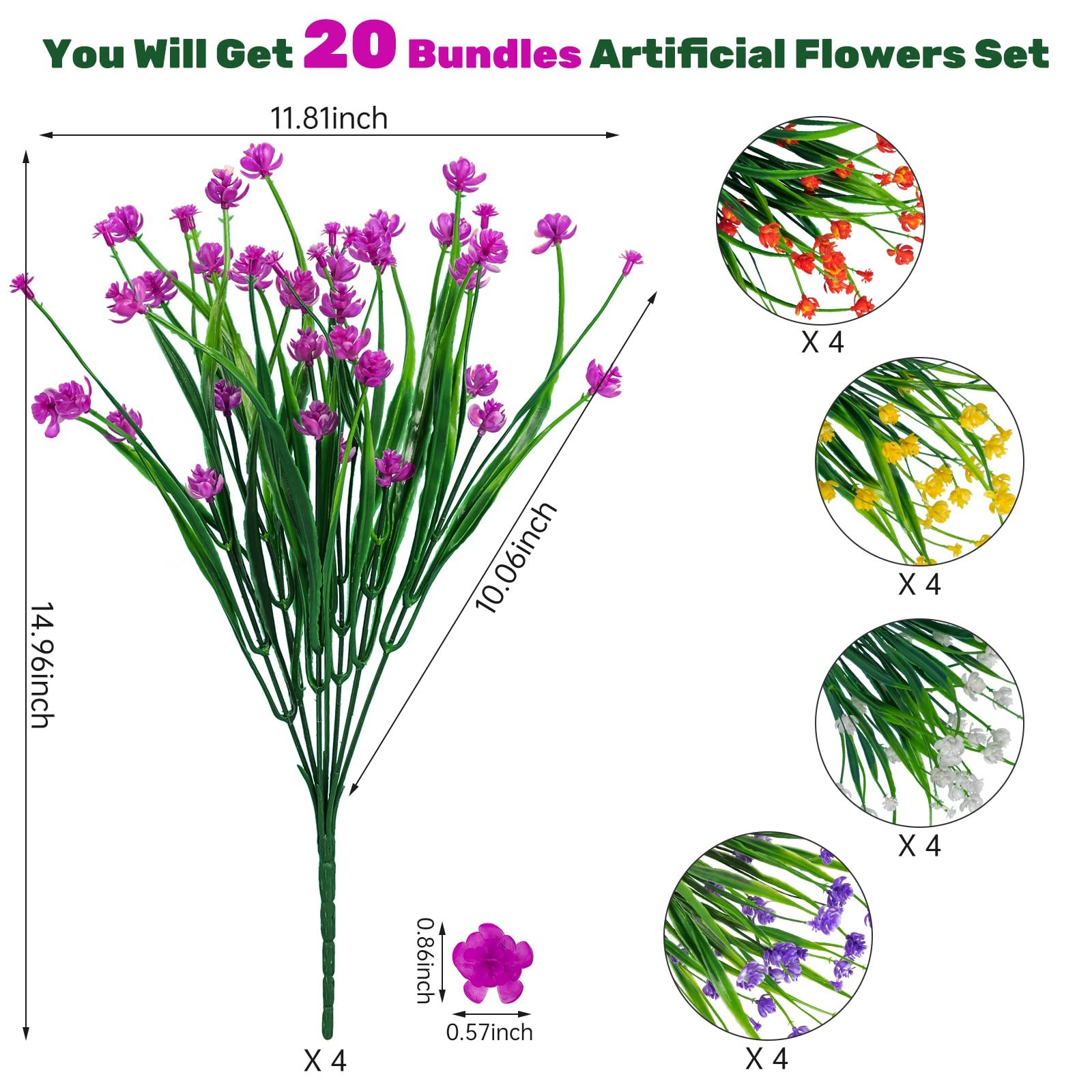 20pcs Artificial Fake Flowers,Plastic Flowers for Outdoor Decoration, UV Resi…