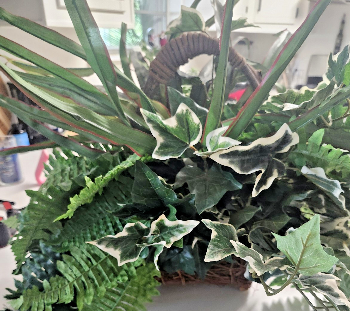 Large Rustic Artificial Greenery Basket Arrangement – Faux Fern, Ivy & Tropical