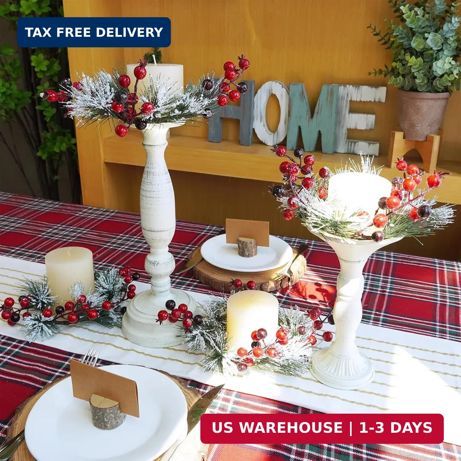 Winlyn 4 Pcs Artificial Pine and Berry Candle Rings Wreaths Snowy Pine Needle Re