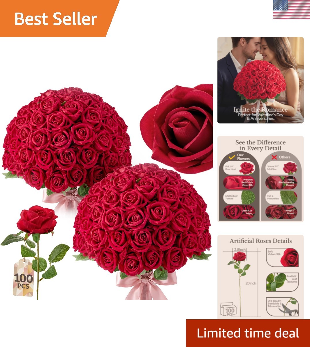 100PCS Roses Artificial Flowers with Realistic Foliage, 20″ Overall Length, B…