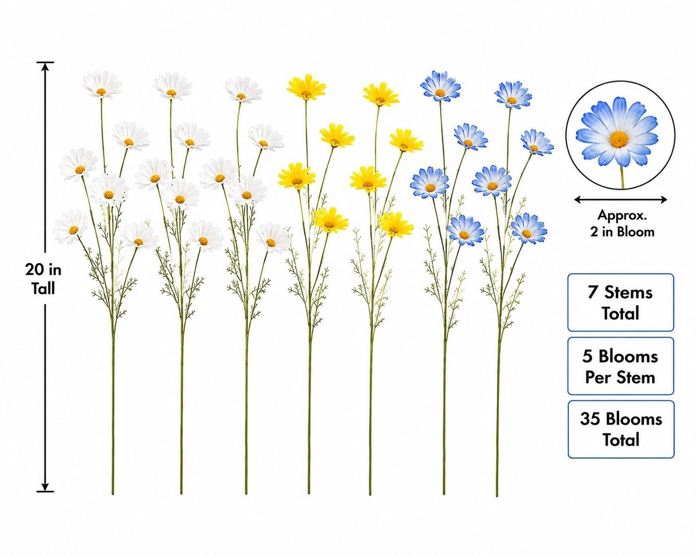 Mixed Color Artificial Daisy Stems Set of 7, Blue White Yellow Faux Silk Flowers