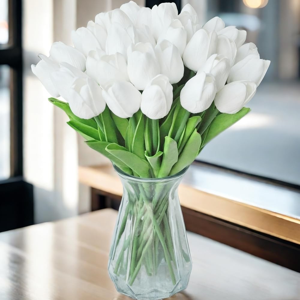 30PCS Artificial Tulips PU Real Touch Single Stem Fake Flowers Bouquet Arrang…