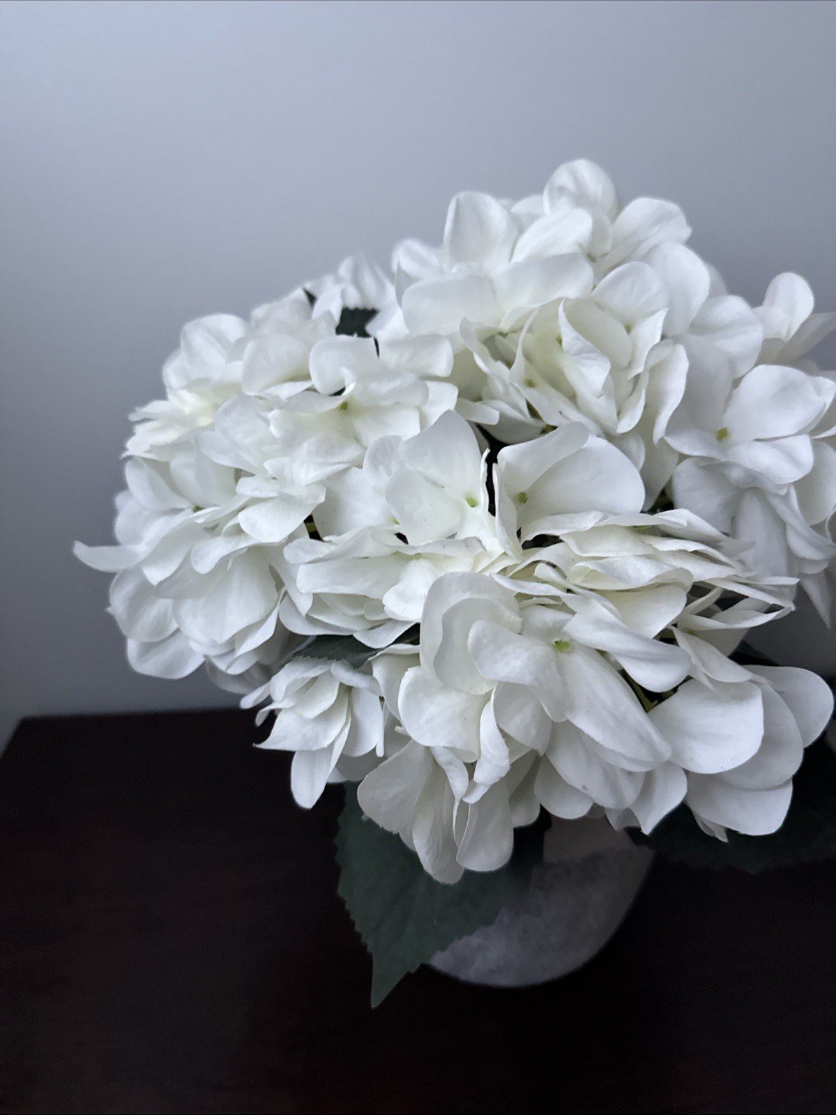 Contemporary Spring Faux Arrangement -White Hydrangea In Pottery Vase