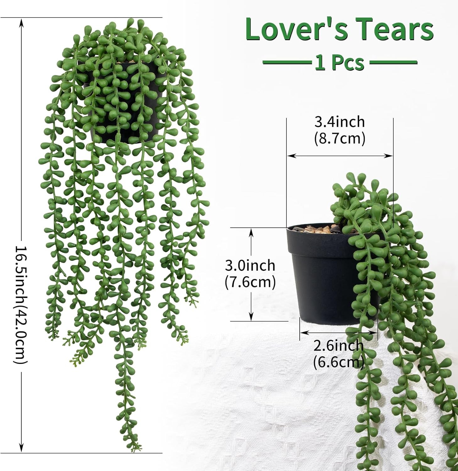 LOYWREE Fake Plants Indoor Artificial String of Pearls Plant in Black Pots, Real