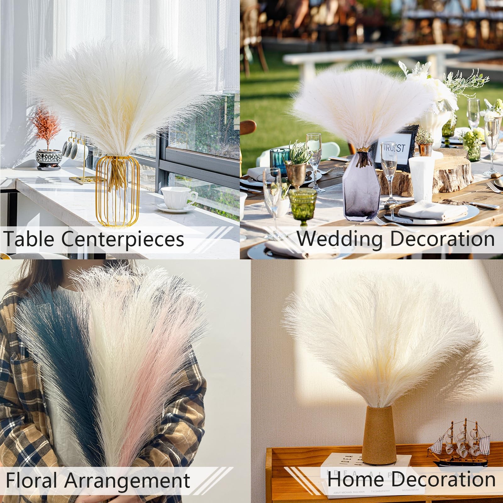 10 Stems White Pampas Grass Fluffy – 17.7″ Faux Pampas Grass Decor Small Fluf…