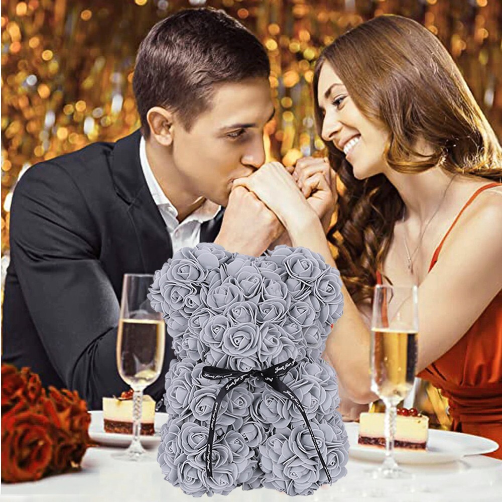 2023 Gray Rose Flower Teddy Bear with Gift Box (25cm)Valentines & Birthday Party