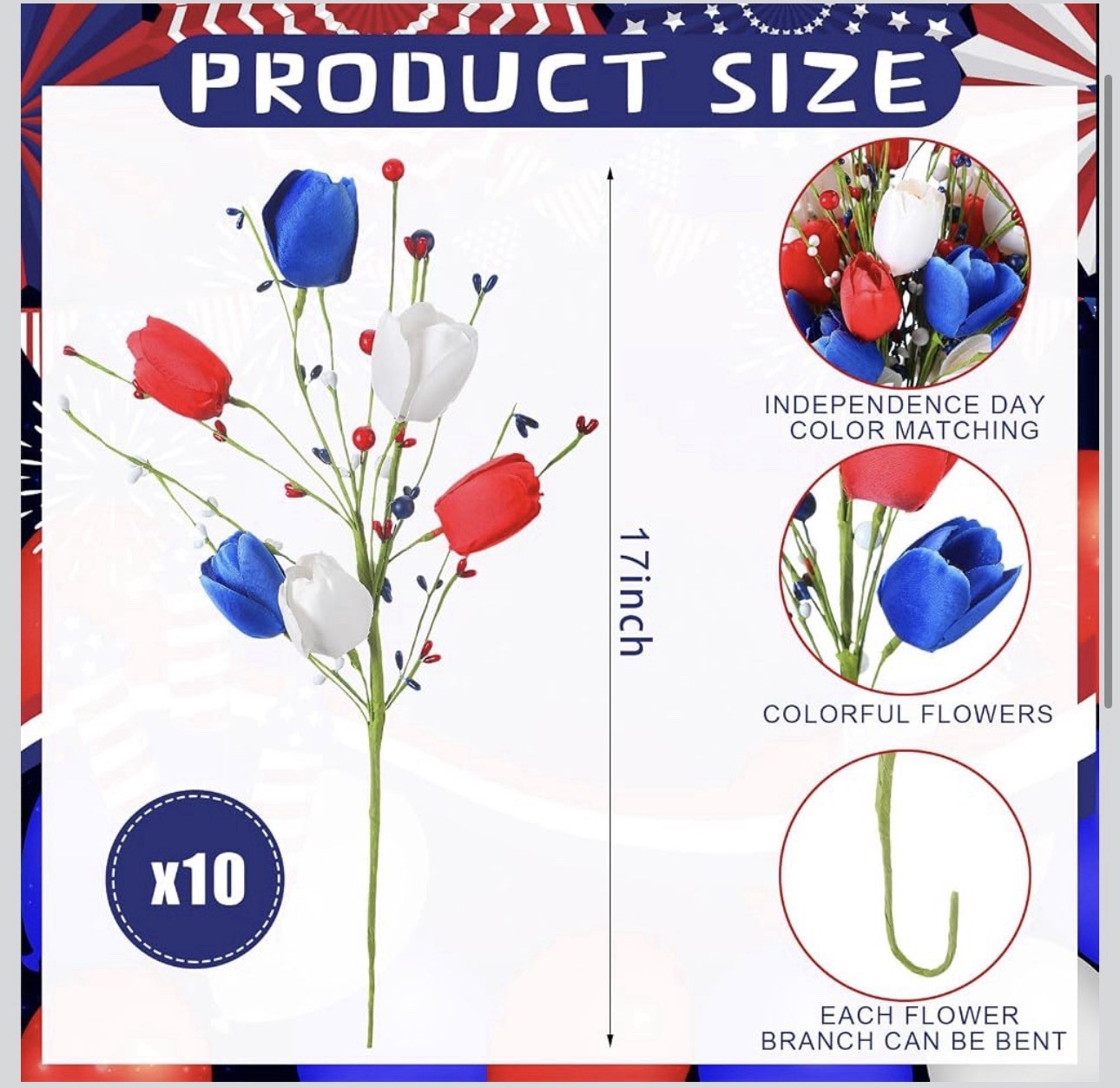 10 Pcs Patriotic Artificial Flowers Memorial Tulips Bouquet Fake Red White an…