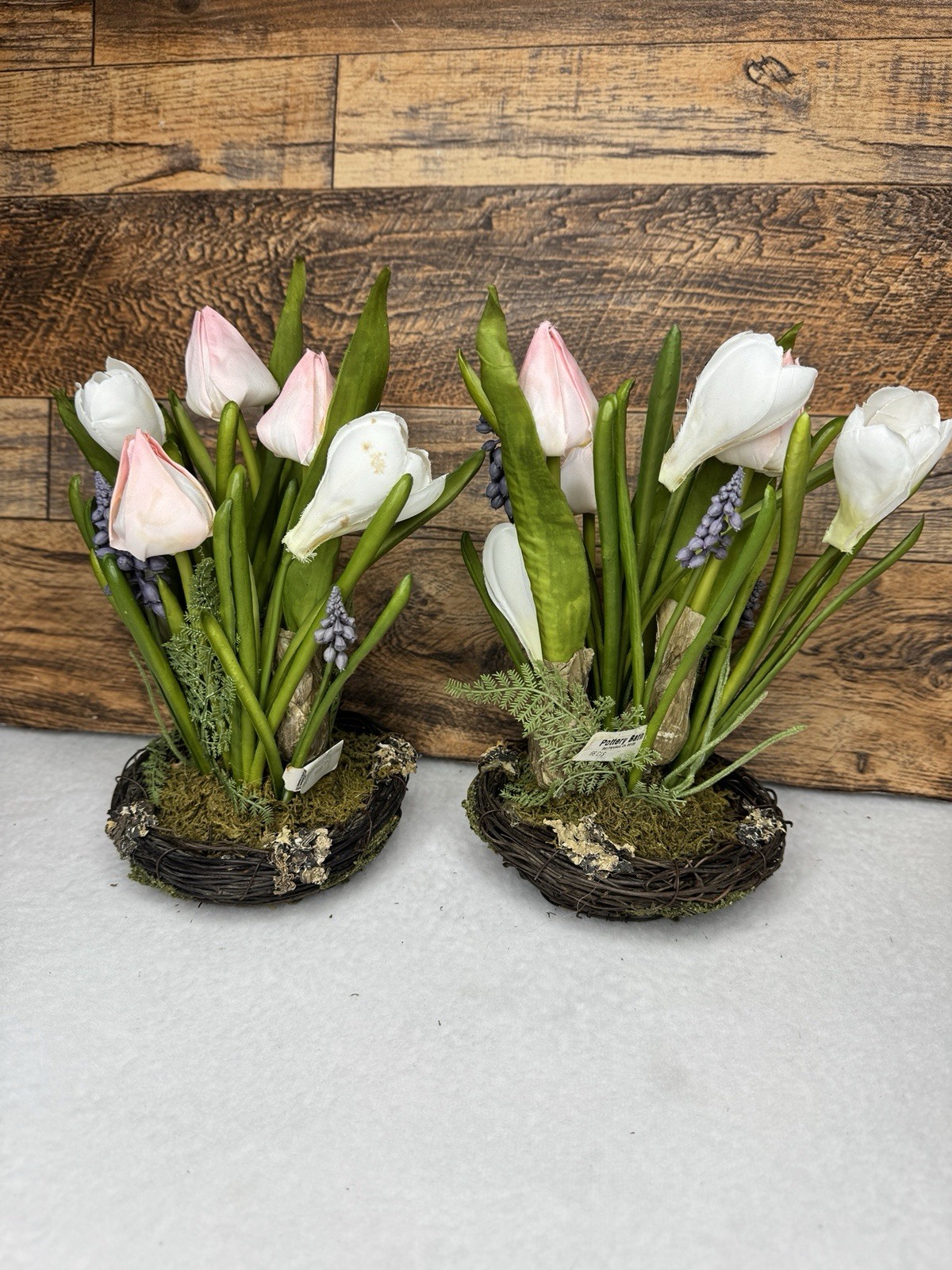 Set Of 2 Pottery Barn Small Faux Floral Birdnest Arrangement 8” X 6” Tulips