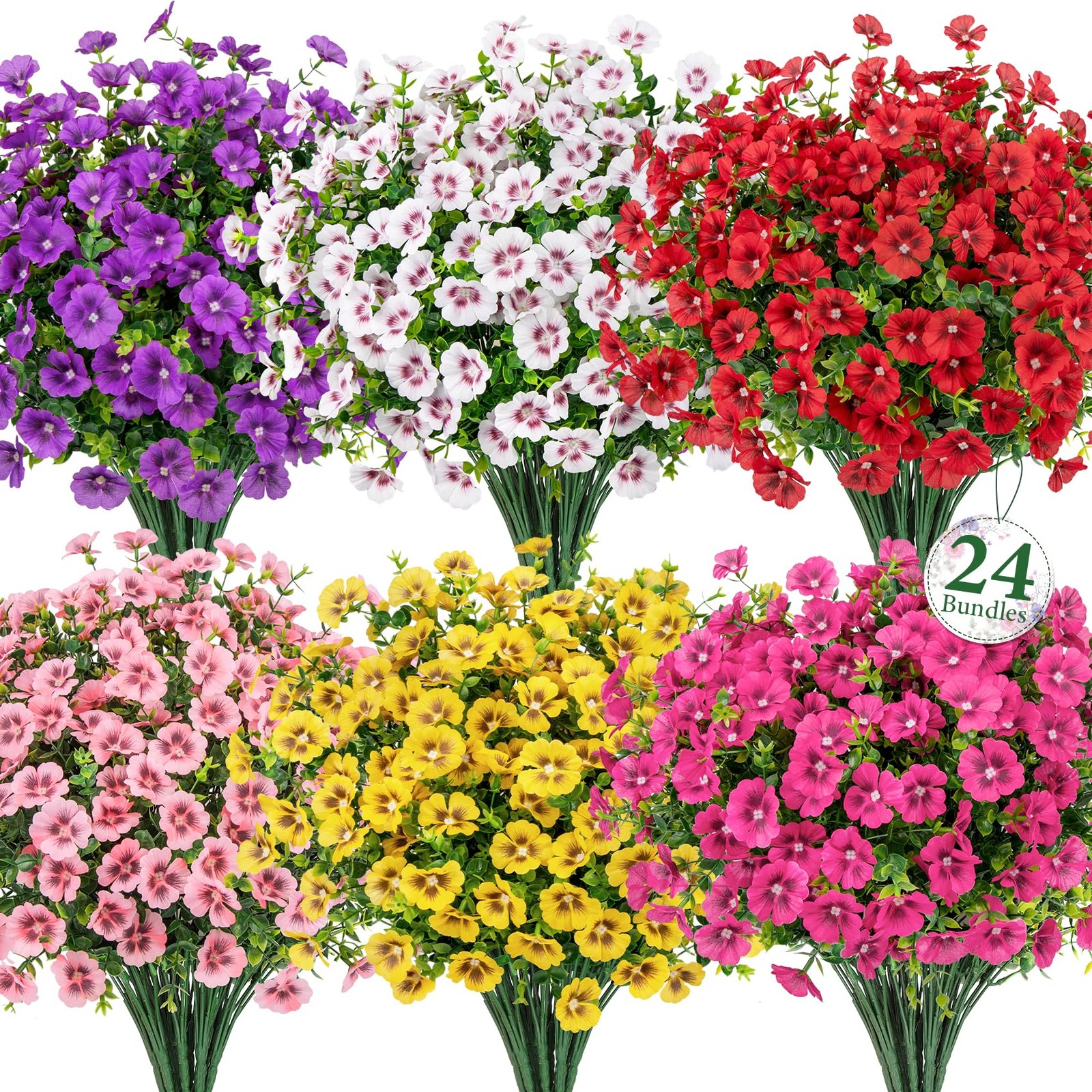 24 Bundles Artificial Flowers for Outdoors, Fake Silk Flowers UV Resistant Fa…