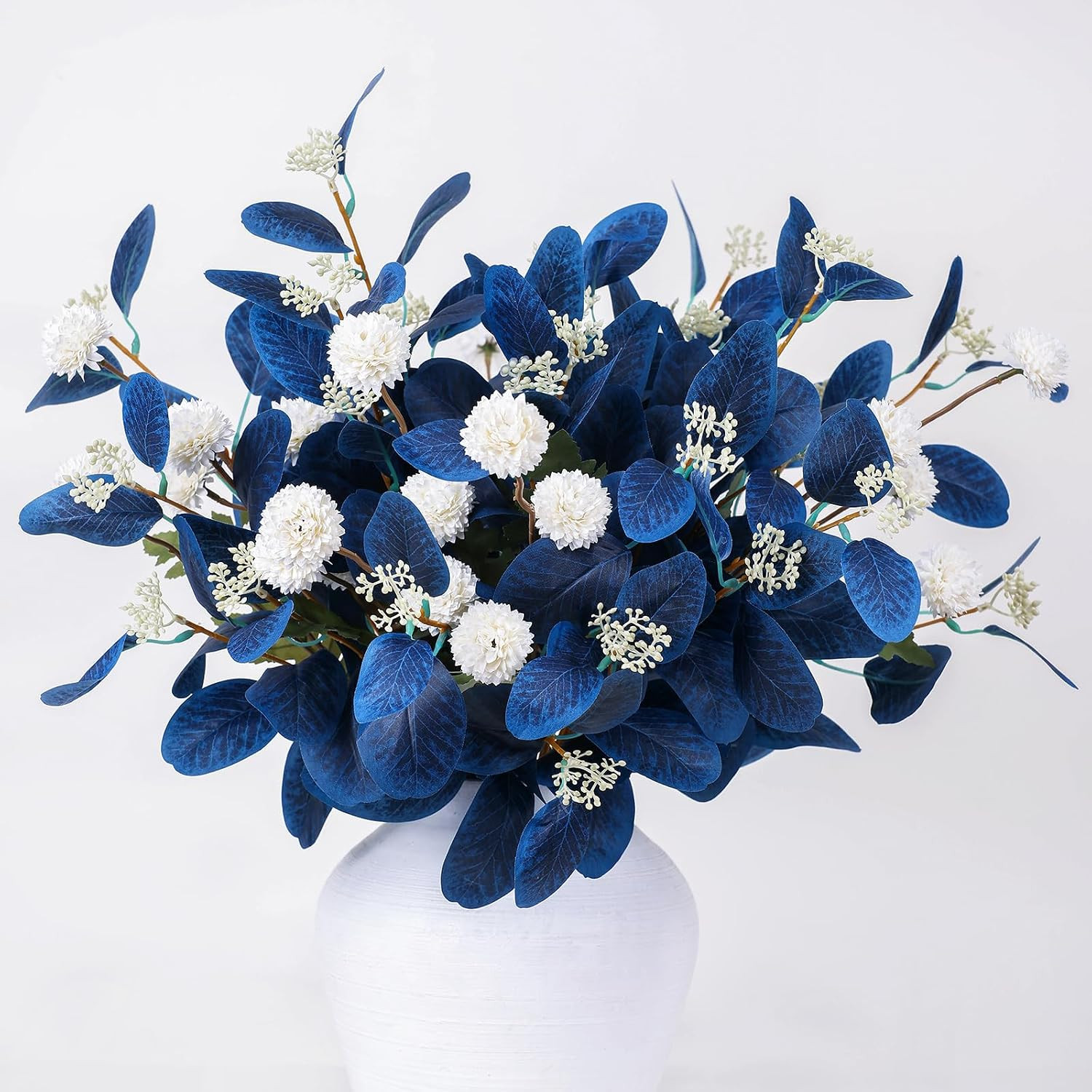 Blue Eucalyptus & Beige Silk Mums – 15Pcs Faux Floral Arrangement for Decor