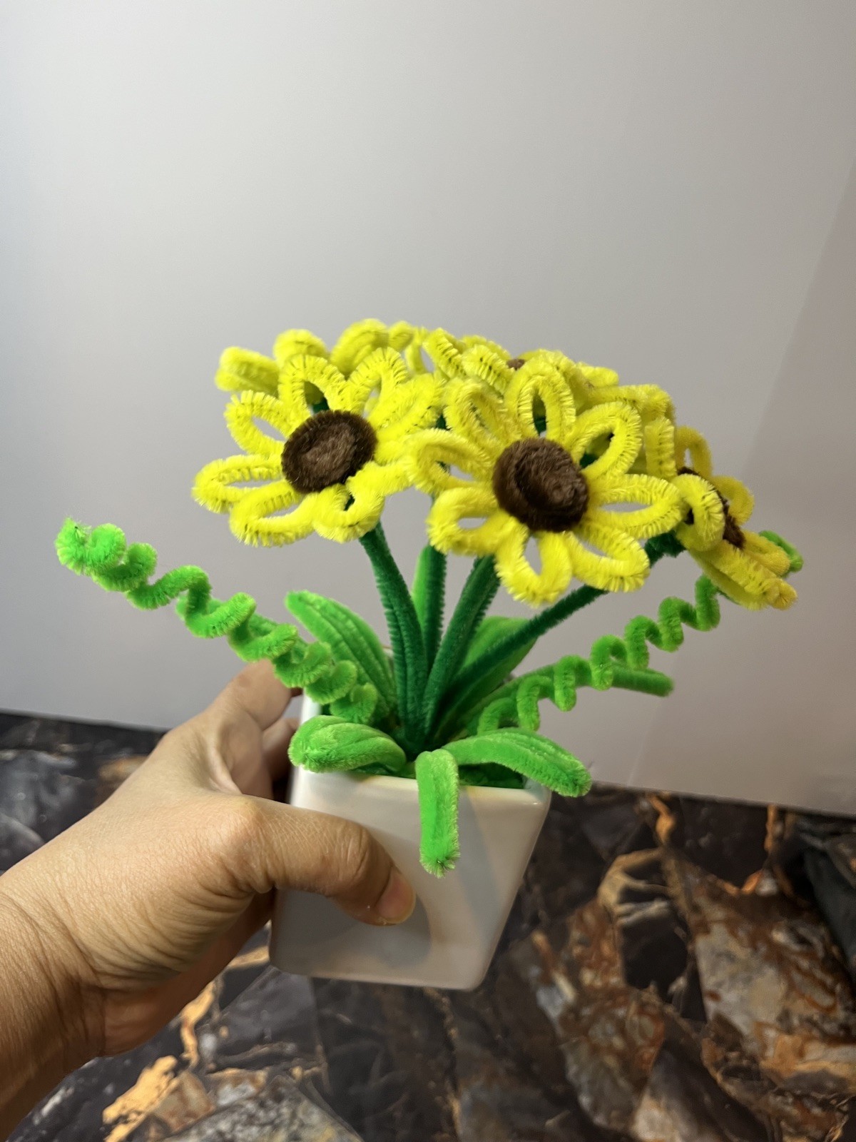 Pipe Cleaner Sunflowers – Mini Bouquet in White Ceramic Pot
