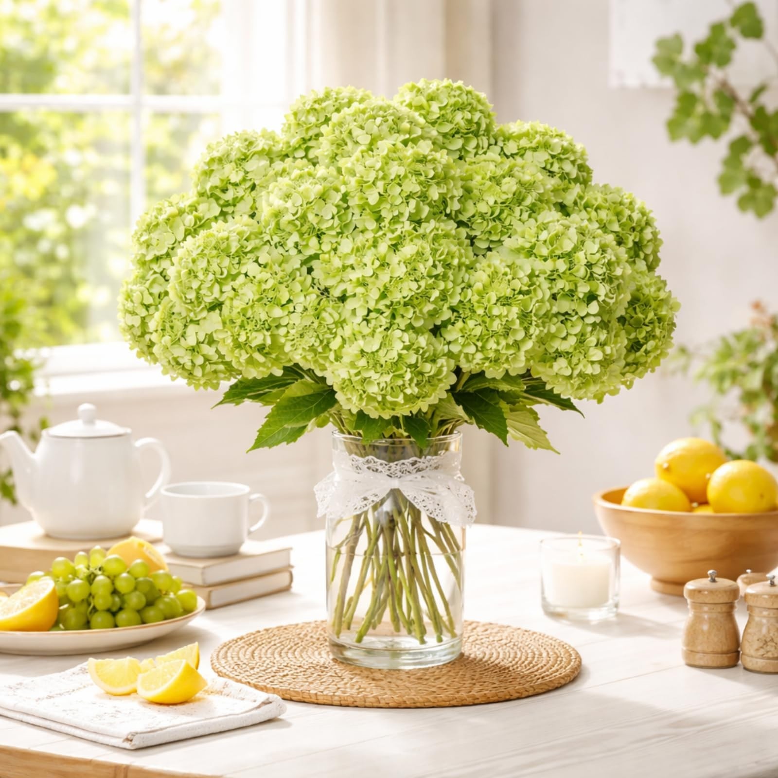 10 Pcs Artificial Green Hydrangea Flower 2 Stems 26.4 ” Lifelike Fake Latex …