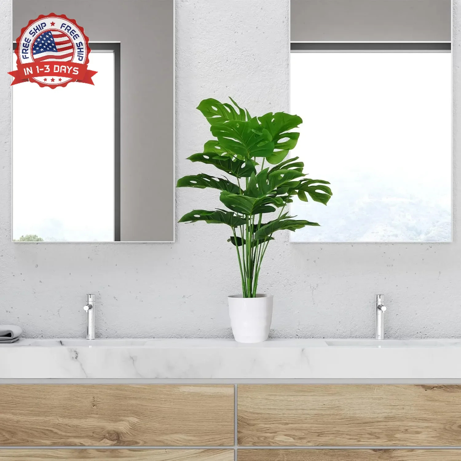 28 Inch Artificial Monstera Plants Set of 2 White Pots Heavy-Duty Fake Tropical