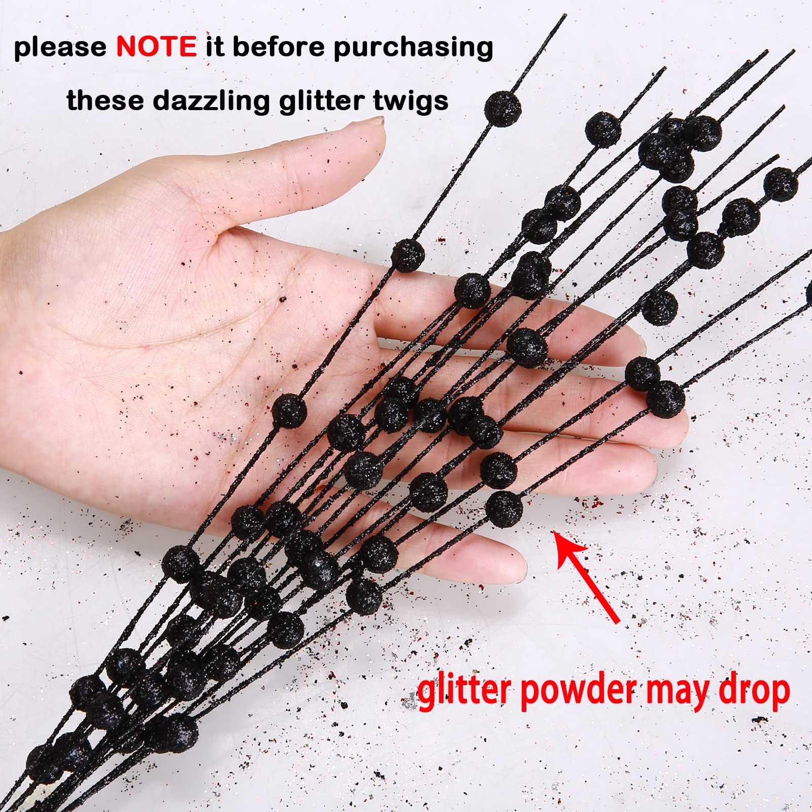 Felice Arts 6 Pack Black Artificial Glitter Berry Stems 15.7″ Fake Decorative Gl