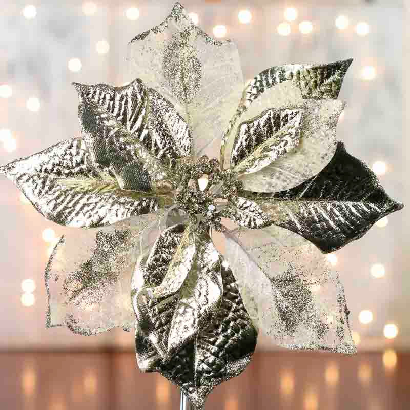 Set of 2 Shimmery Gold Artificial Poinsettia 10″ Floral Stems