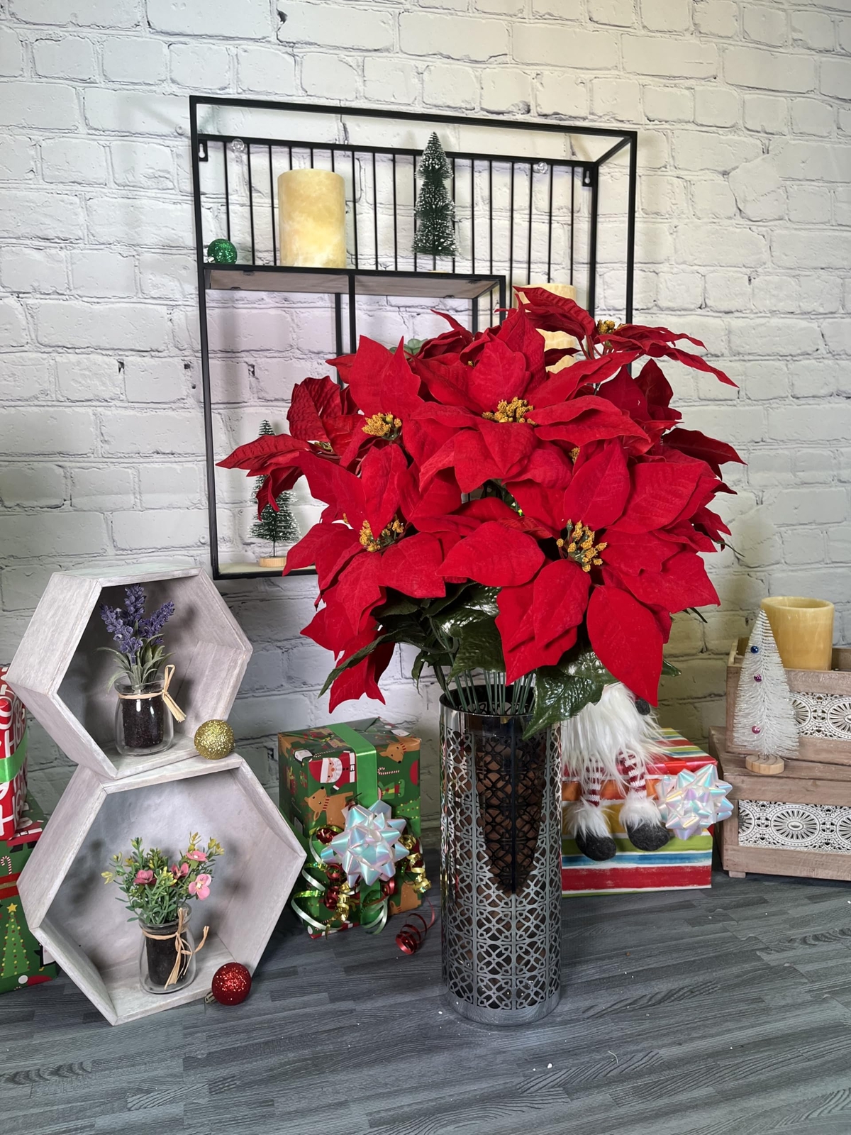 24 STEMS ARTIFICIAL POINSETTIA BOUQUET FAKE CHRISTMAS FLOWER FAUX VELVET POINSET