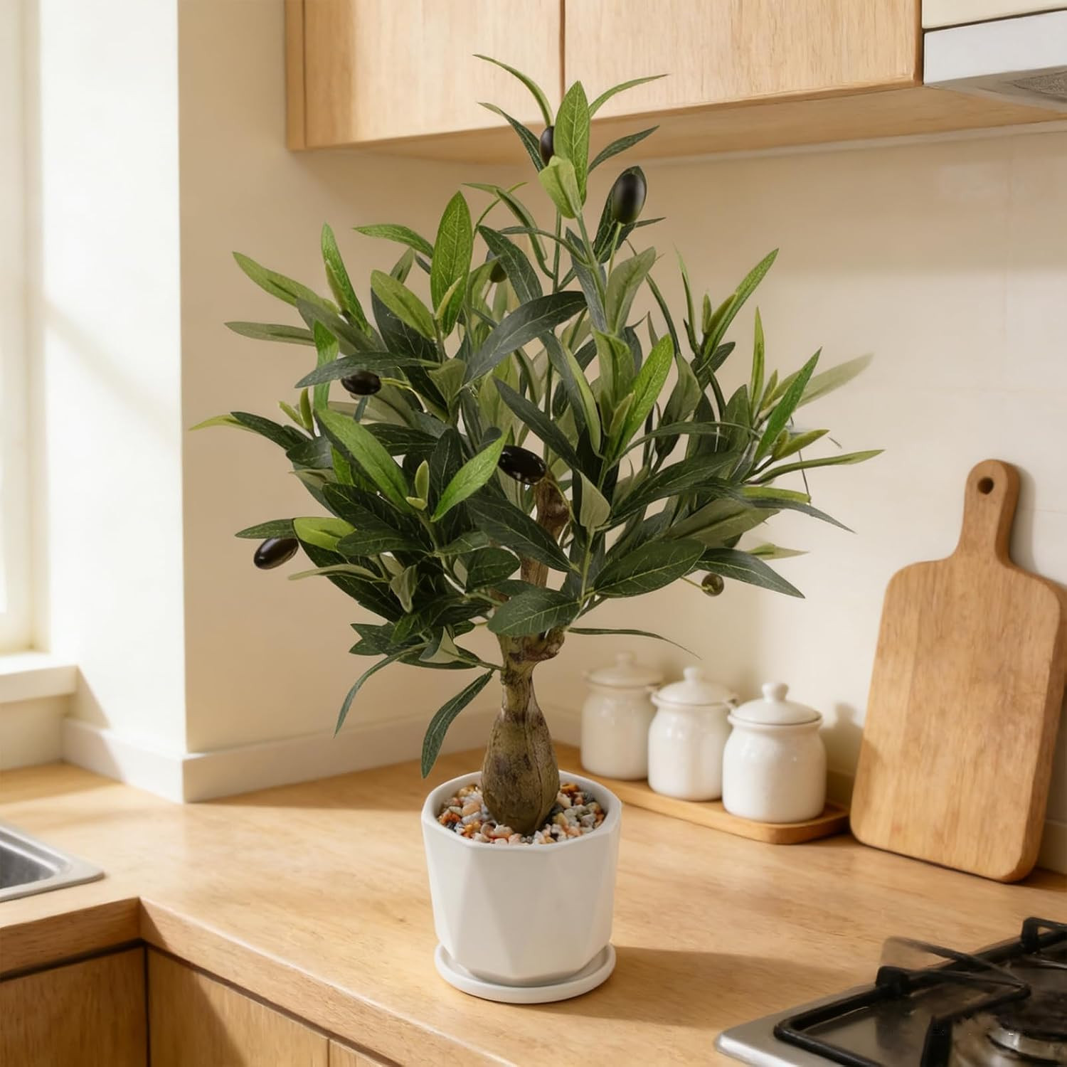 Fake Olive Tree with Pot Indoor, 18″ Artificial Olive Tree Stems Potted