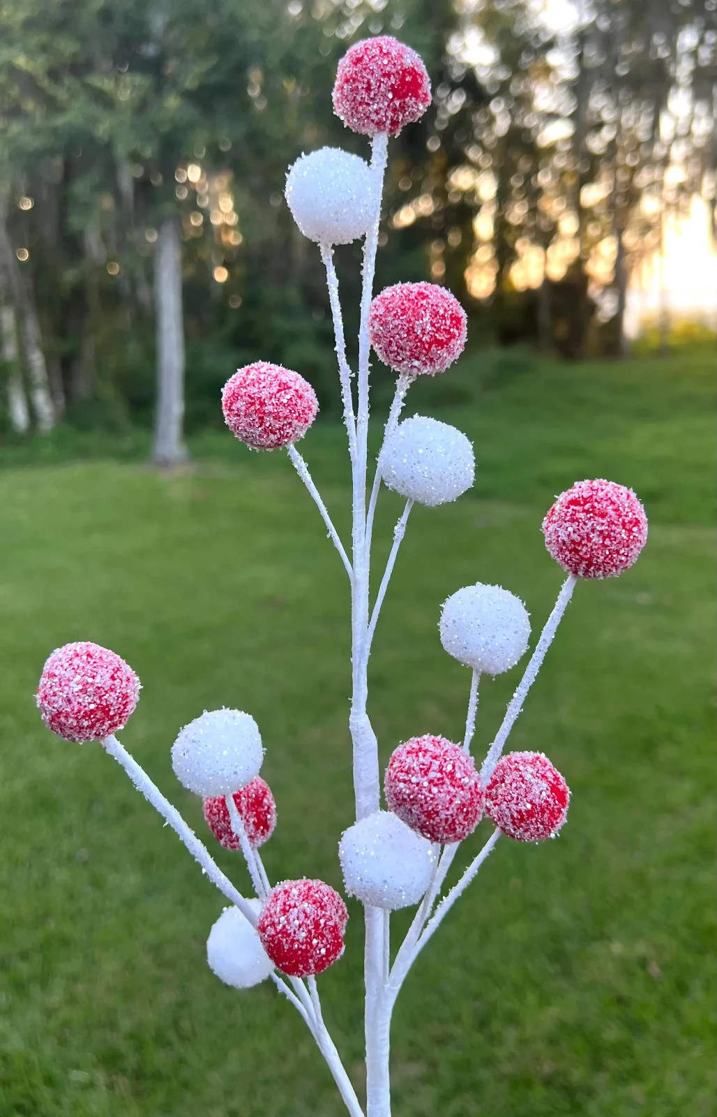 21″ White Red Glitter Christmas Berry Spray Stem Peppermint Holiday Floral Decor