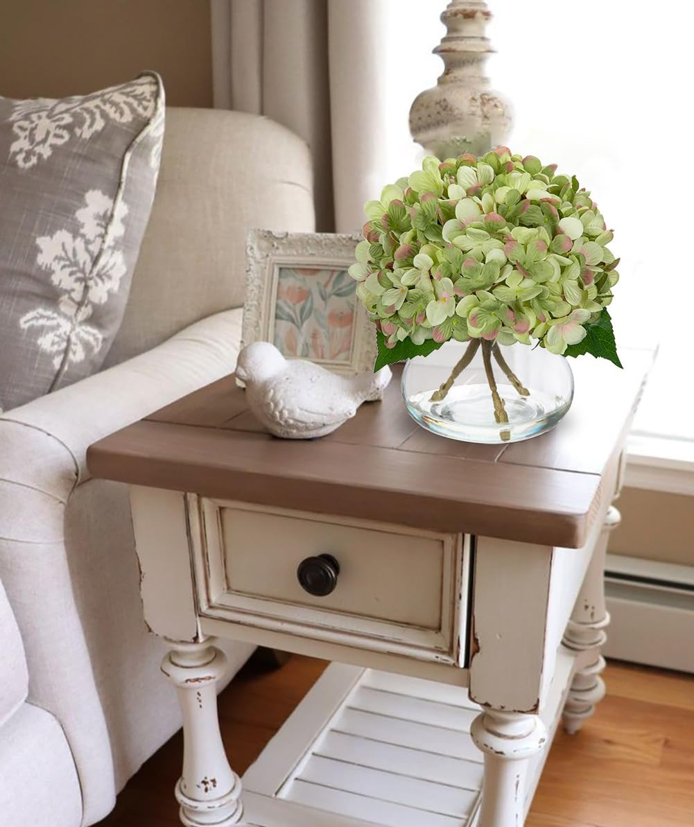 Hydrangea Artificial Flowers with Glass Vase Dark Green Silk Faux Flowers Arrang