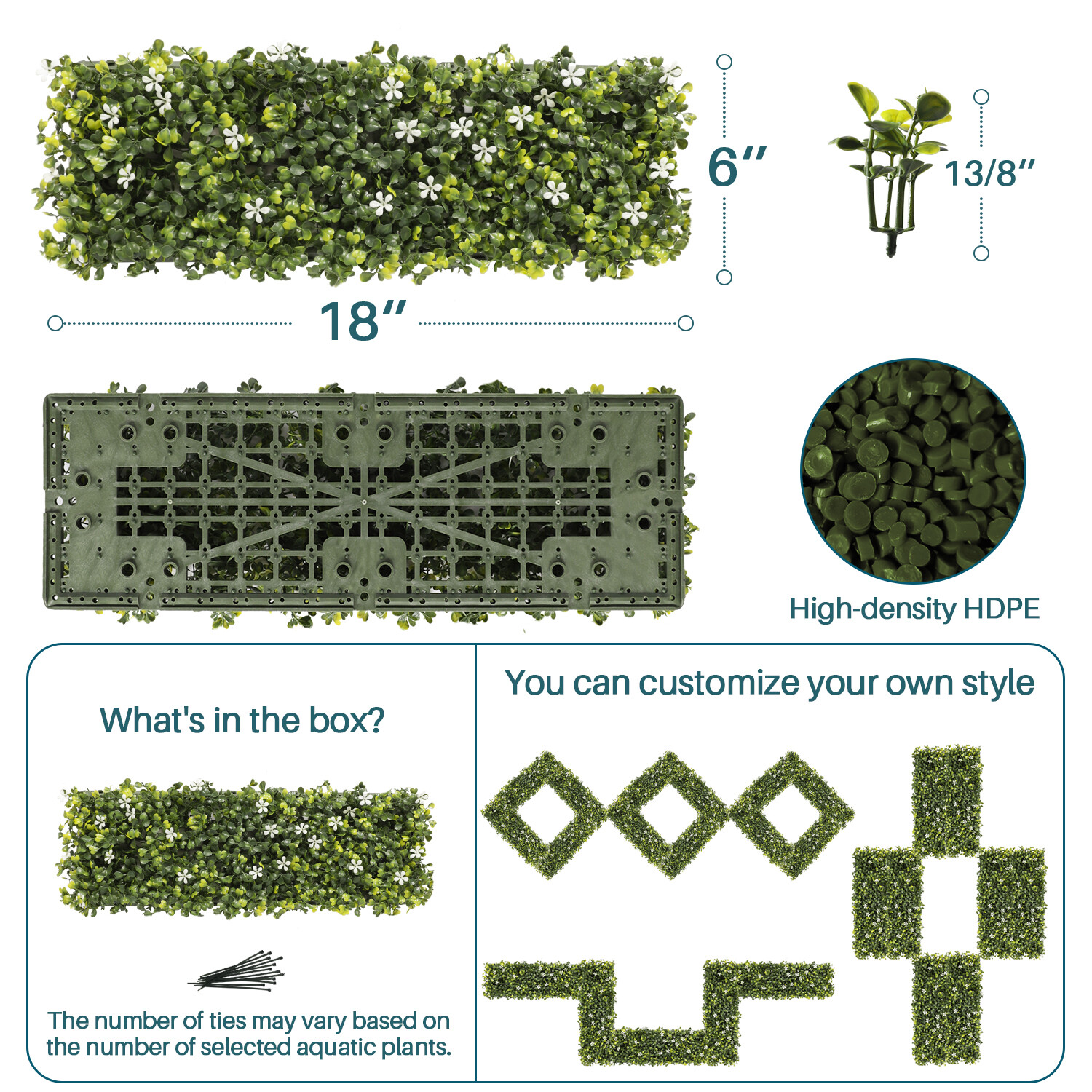 18″x6″ Artificial Ivy Mats Wall Hedge With Hard Panel for Indoor Outdoor Decor