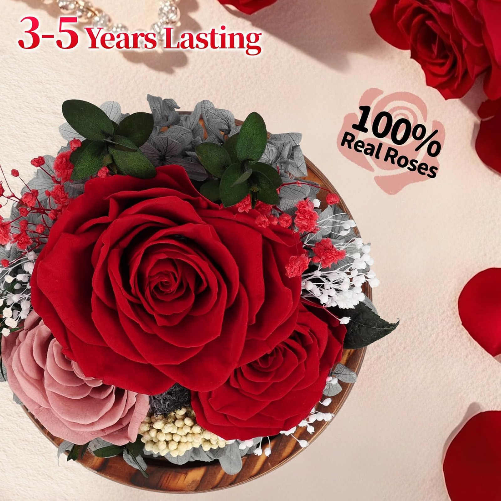 Preserved Flowers for Delivery, Eternal Rose with LED Glass Dome, Gifts for Mom