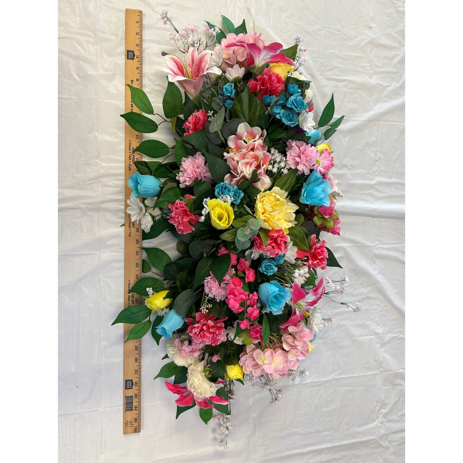 Multi Color Floral Saddle Cemetery Headstone Spray Faux Lilies Roses 34 Inch
