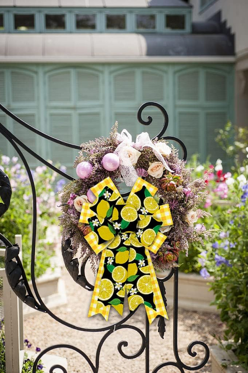 2Pcs White Yellow Plaid Burlap Lemons Flower Bows for Wreaths, Summer Fruits Rib