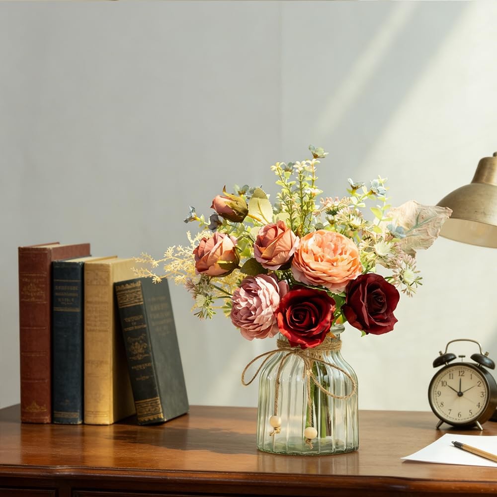 Fake Artificial Flowers with Vase Faux Silk Flower Bouquet in Glass Vase Rose…