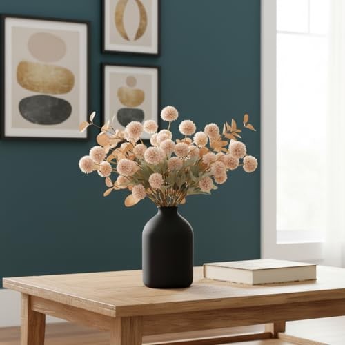 Artificial Flowers for Vase – Silk Mums 10 Long Stems with Eucalyptus, Beige