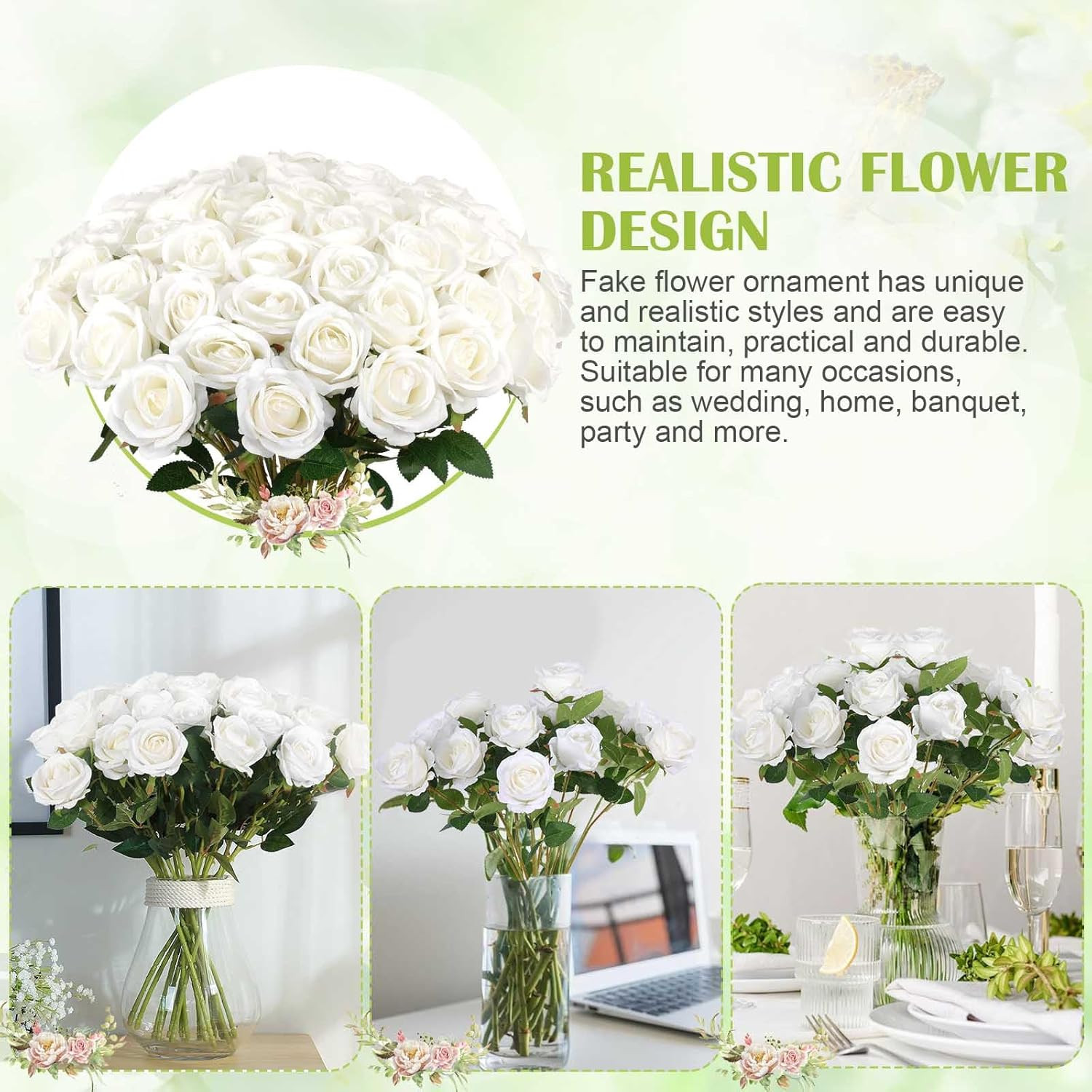 Rowfad 60 Pcs Artificial Roses Bulk Velvet Silk White Roses White Roses for Wedd