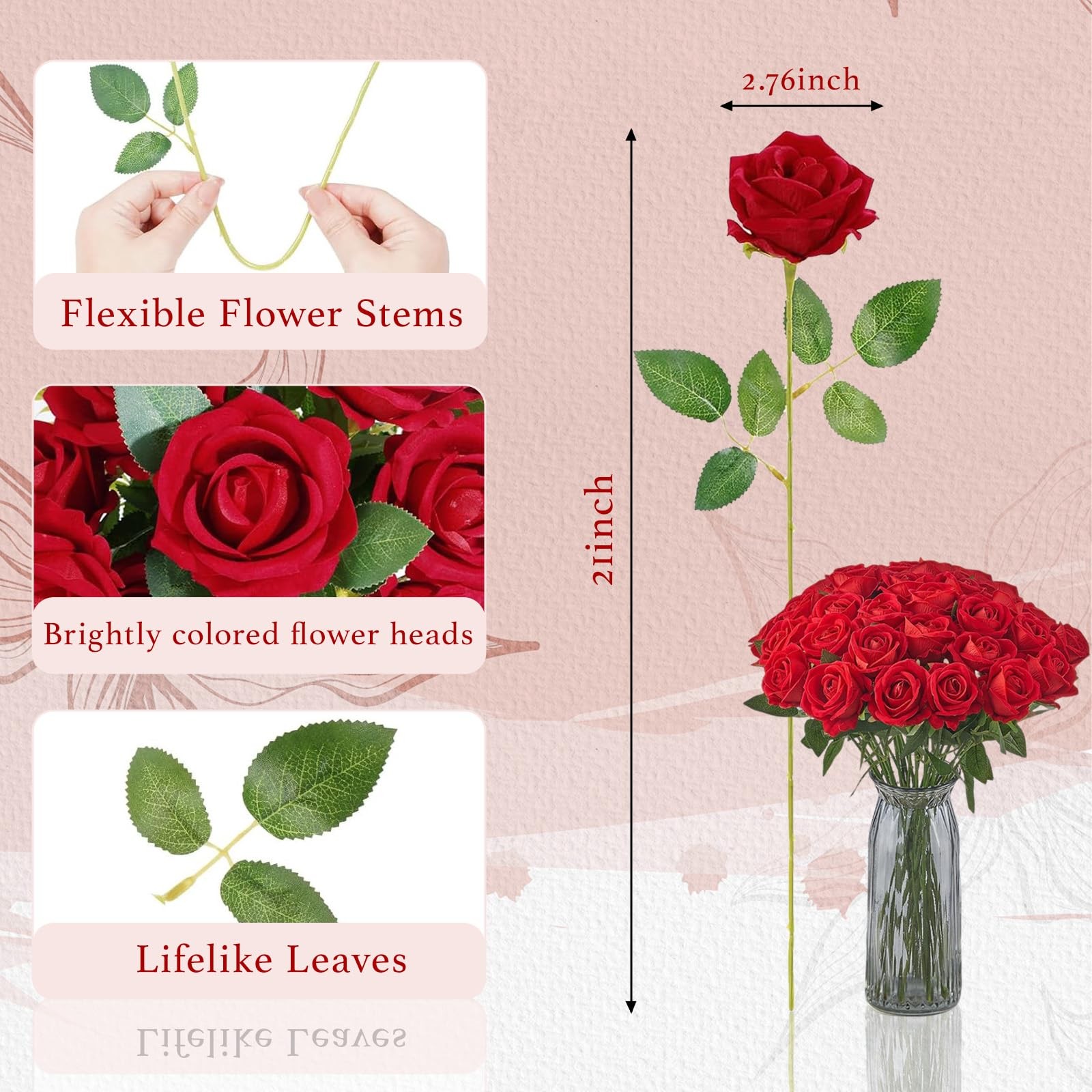 50 Pcs Red Roses Artificial Flowers, Fake Velvet Silk Rose Bulk Faux Flower, …