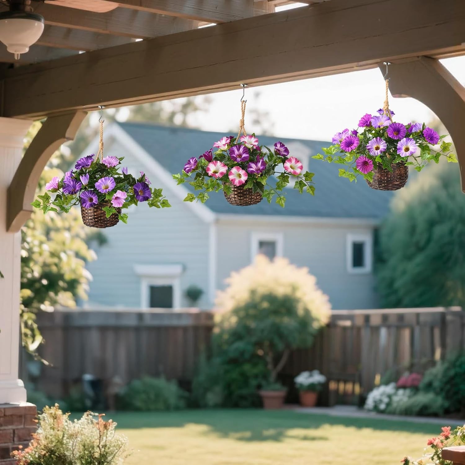 2 Set Artificial Outdoor Flowers with Hanging Basket, 2 Hanging Planters Faux Si