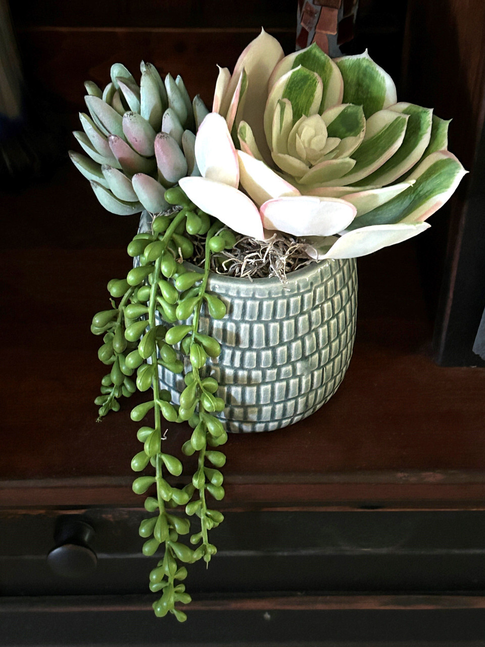 7″ Artificial White Succulent Garden #9 mixed arrangement, 4″ Teal-cream planter
