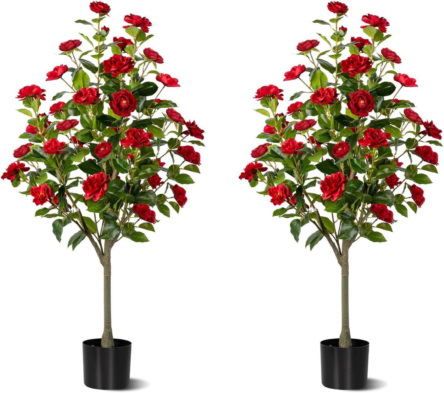 4FT Artificial Camellia Tree Set – Faux Floral Plants in Cement Pots