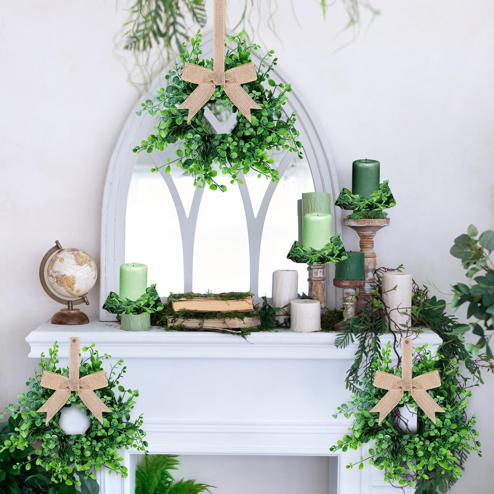 12 Pcs Mini Green Boxwood Candle Rings Wreaths Spring Summer Kitchen Cabinet Swa