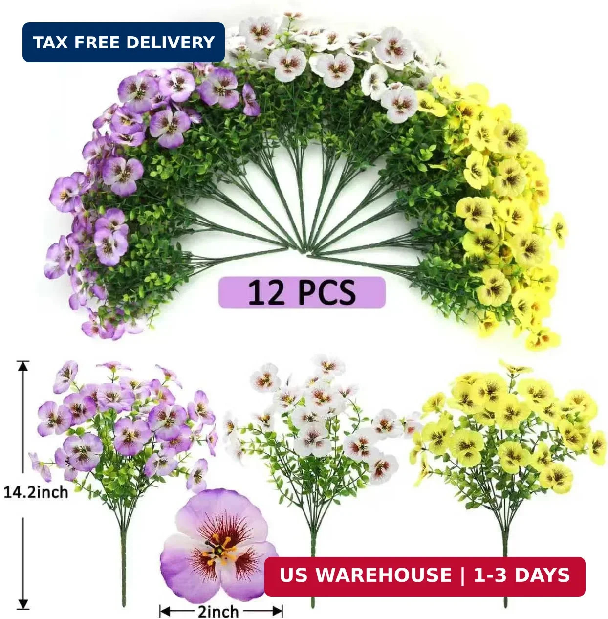 12Pcs Artificial Flowers Faux Silk Pansies with Eucalyptus, UV Resistant Realist
